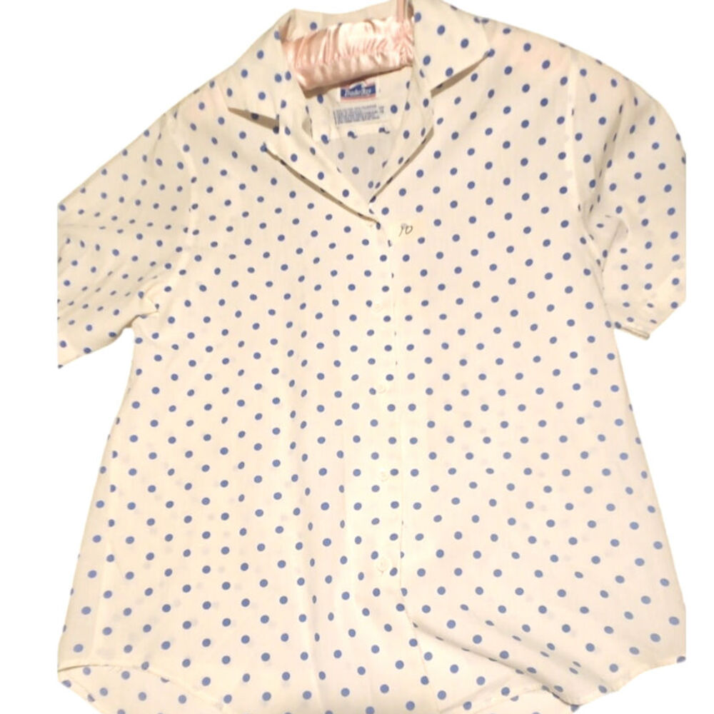 Vintage Trader Bay Womens size 10 White Blue Polka Dot Tee